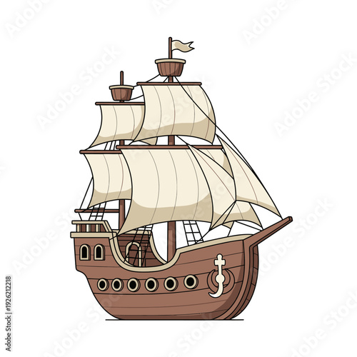 Vintage Sailing Ship with White Sails and Brown Hull, Cartoon Style