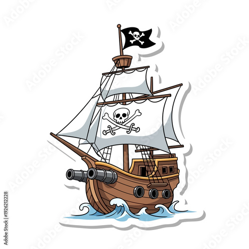 Cartoon Pirate Ship with Jolly Roger Flag and Cannons Sailing on Waves