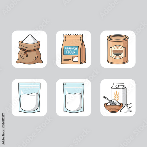 Various flour packaging and baking ingredient icons including sacks paper bags containers and bowls of wheat powder for bakery and home cooking illustrations