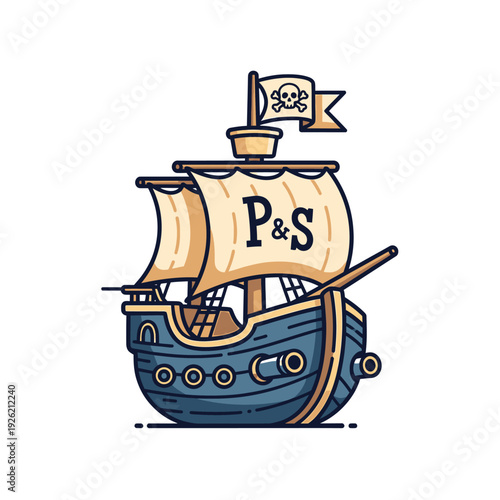 Cartoon Pirate Ship with Jolly Roger Flag and Cannons
