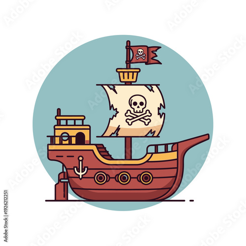 Cartoon pirate ship with skull flag and tattered sails, sea adventure