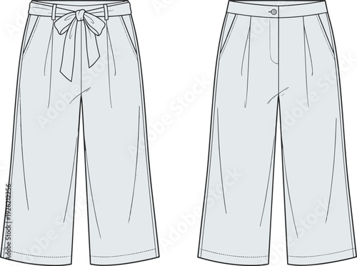 Women wide leg pants technical drawing, front and back view high waist trousers with belt tie fashion illustration