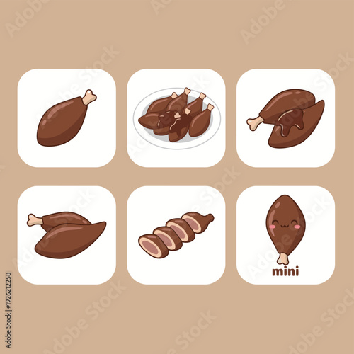 Crispy fried chicken drumsticks and poultry leg icons including glazed pieces sliced meat and a cute mini chicken character for fast food menu graphics