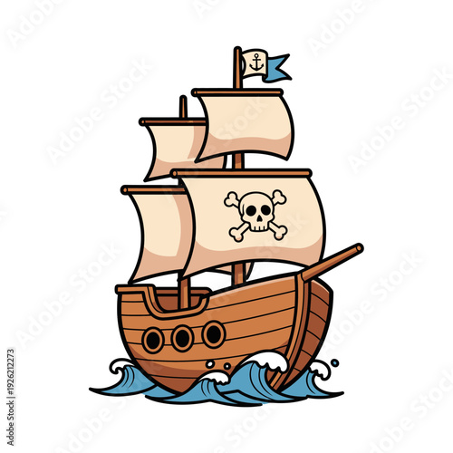 Cartoon Pirate Ship with Jolly Roger Flag Sailing on Wavy Ocean