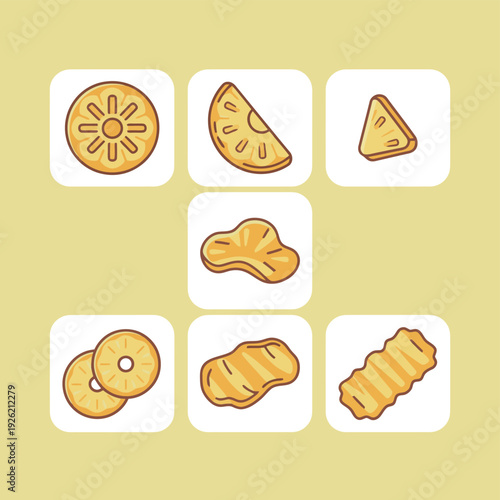 Bright yellow pineapple slice icons set including rings pieces and wavy dried fruit snacks for tropical summer vibes and healthy snack packaging design