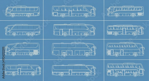 Detailed blueprint illustrations of various transportation vehicles, showcasing design and engineering.