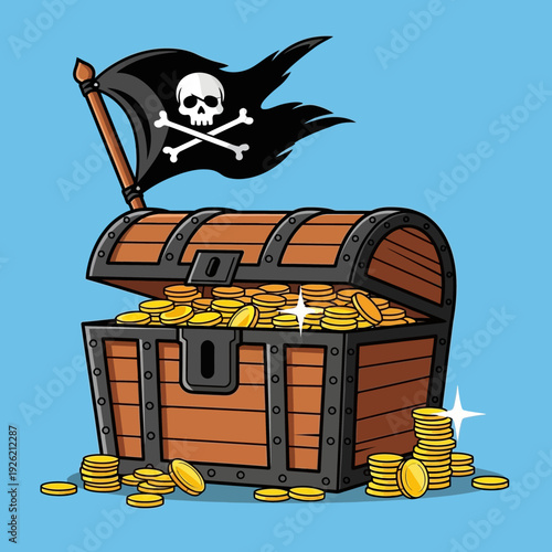 Open pirate treasure chest overflowing with gold coins and skull flag