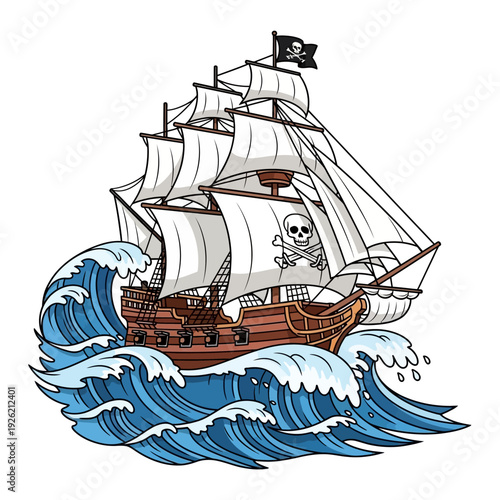 Pirate Ship Sailing Through Crashing Waves with Jolly Roger Flag