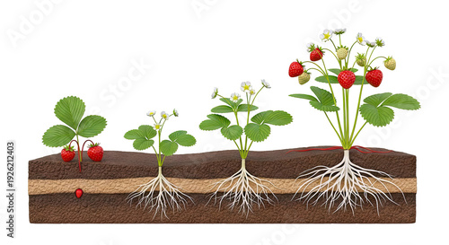 Strawberry plant growth stages with root system and fruit development