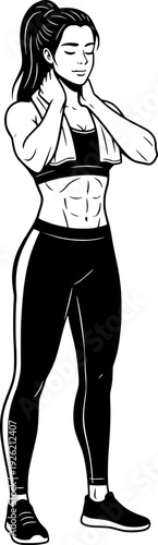 Female athlete resting with a towel around her neck after a workout. Black and white vector illustration of a fit woman cooling down at the gym.