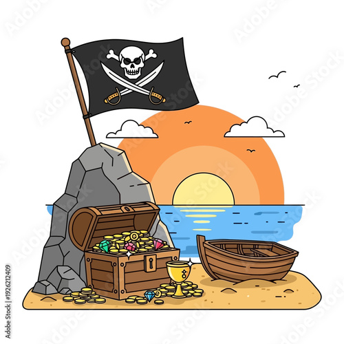 Pirate Treasure Chest Overflowing with Gold Coins and Jewels on a Sandy Beach