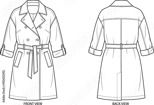 Women trench coat vector illustration, double breasted belted outerwear front and back view fashion design template
