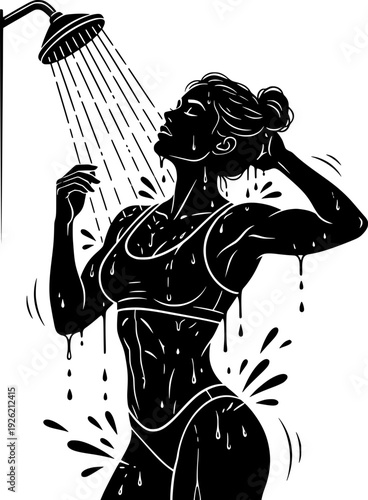 Silhouette of a fit woman taking a shower after a workout. Black and white vector illustration of a female athlete’s hygiene and recovery routine.