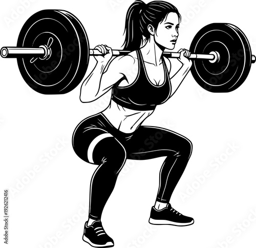 Strong woman performing a barbell back squat. Black and white vector illustration of a female athlete training legs and glutes in a gym session.