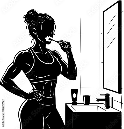 Silhouette of a fit woman brushing her teeth in front of a bathroom mirror. Black and white vector illustration of a healthy morning hygiene routine.