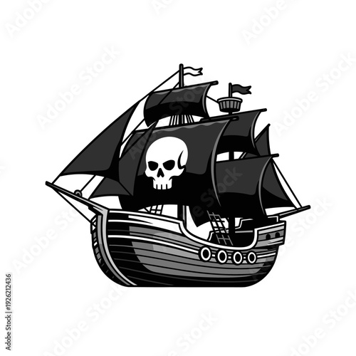 Pirate Ship With Jolly Roger Flag Sailing on White Background