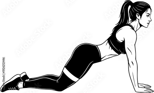 Woman performing a cobra stretch or upward dog yoga pose. Black and white vector illustration of a female athlete stretching her back and core.