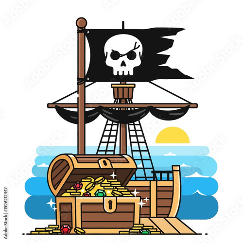 Pirate Treasure Chest Overflowing with Gold Coins and Jewels on Ship Deck at Sunset