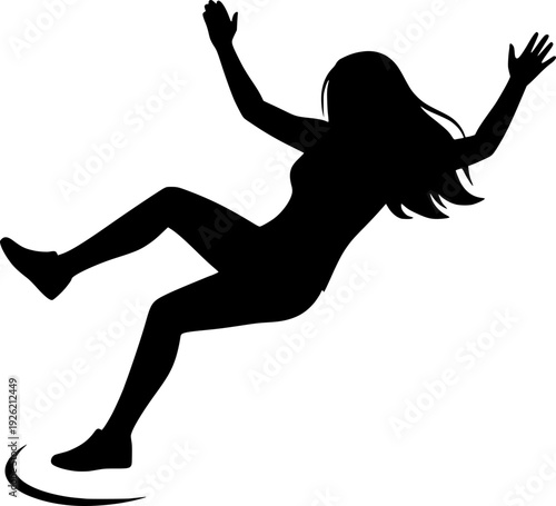 Black silhouette of a woman falling, jumping, or floating in the air. Minimalist vector graphic of a female figure in a dynamic mid-air pose on white.