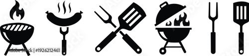 BBQ grill icon set. Barbecue, bar-b-q, spatula, grill fork, picnic, fire - stock vector. Barbecue Grill Set Icons: BBQ Equipment, Utensils, and Food for Outdoor Cooking and Summer Fun. isolated on tra
