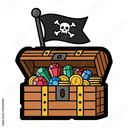Pirate Treasure Chest Overflowing with Gold Coins and Jewels, Jolly Roger Flag