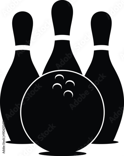 A black and white image of bowling pins and ball