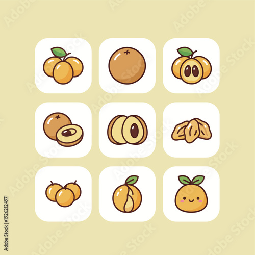 Collection of loquat or kumquat fruit icons set featuring whole fruits sliced halves seeds and a cute smiling character mascot for healthy food design