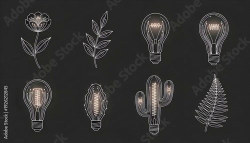 Vintage light bulb and plant icon set
