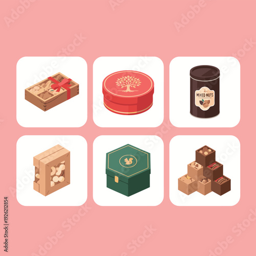 Luxury mixed nuts gift boxes and packaging collection featuring wooden crates and metal tins for gourmet snack brand and festive holiday gifting concept