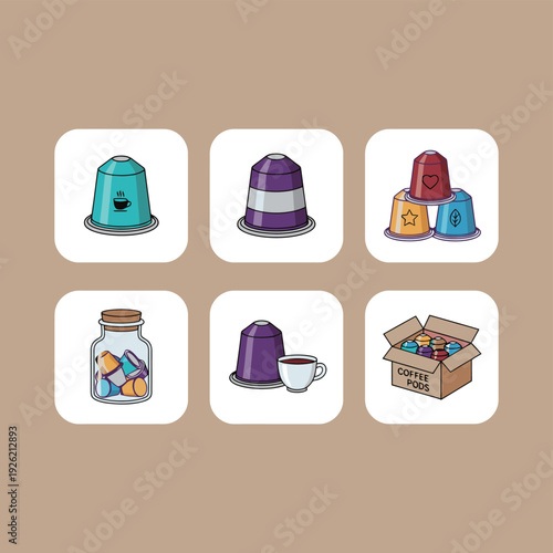 Assorted coffee pods and espresso capsules collection with glass jar and packaging box in flat vector illustration style for modern cafe and kitchen