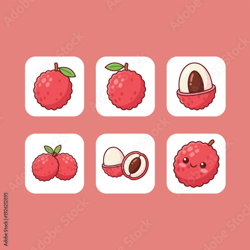 Fresh lychee fruit set featuring whole fruits peeled lychee with seed and cute cartoon character illustration for tropical fruit market and healthy eating