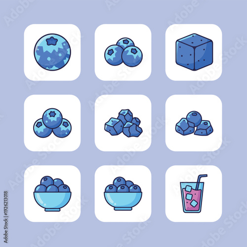 Blue blueberry fruit set featuring whole berries frozen cubes and healthy juice glass in flat vector illustration for summer fruit and superfood concept
