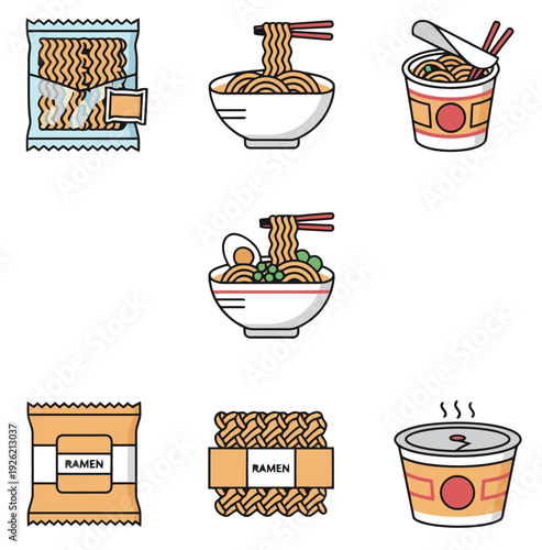 Instant ramen noodle collection including cup noodles bag packaging and bowl with egg in flat vector illustration for quick meal and asian cuisine