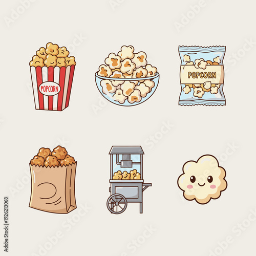 Collection of popcorn illustrations including red striped bucket glass bowl snack bag vending machine cart and cute character mascot for cinema movie theater and carnival snack food graphic design