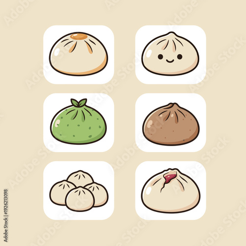 Set of traditional steamed buns and dumplings icons featuring different flavors green matcha brown chocolate meat and cute smiling characters for dim sum restaurant menu and asian food culture