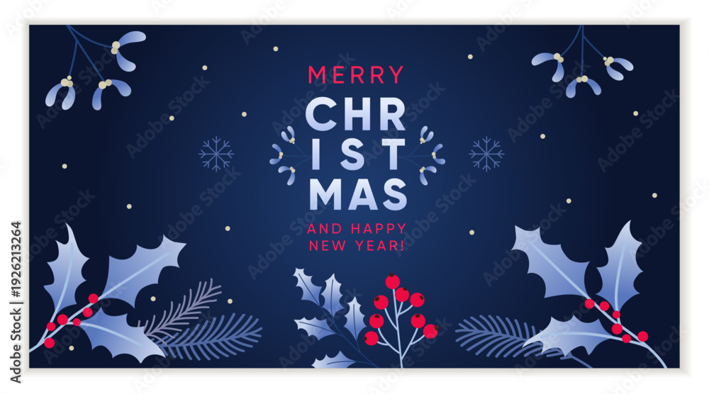 Fototapeta premium Merry Christmas Greeting card design template with branches and florals in deep blue. Merry Christmas and Happy New Year. Vector illustration.