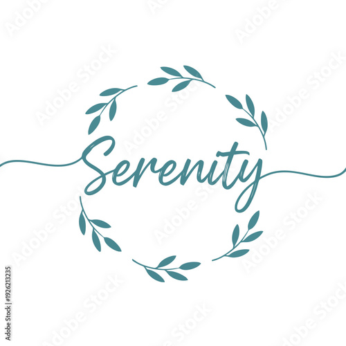 Minimalist Serenity typography design featuring an elegant script font enclosed in a delicate leafy green wreath for wellness branding meditation studio logo and peaceful lifestyle aesthetic graphic