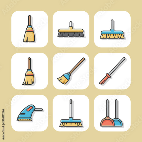 Set of cleaning tool icons featuring various brooms brushes and dustpans for household chores home maintenance sanitation services and janitorial equipment product catalog vector illustration