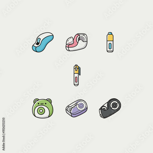 Collection of office stationery and correction tools including tape dispensers correction tape pens and cute animal shaped staplers for school supplies workplace organization and desk equipment