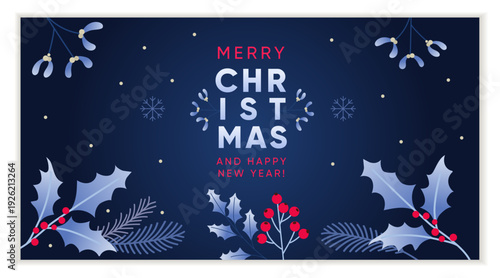 Merry Christmas Greeting card design template with branches and florals in deep blue. Merry Christmas and Happy New Year. Vector illustration.
