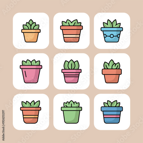 Set of potted succulent and plant icons featuring various green species in colorful striped and patterned ceramic pots for home gardening botanical decor and nature lifestyle illustration