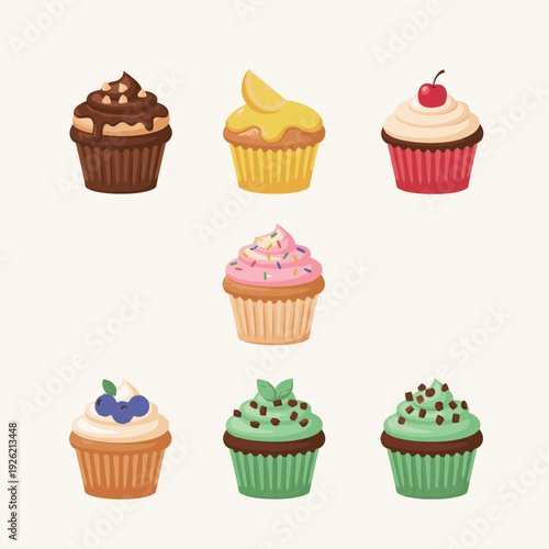 Gourmet cupcakes and muffins set with various toppings like chocolate cherry lemon and blueberry for bakery shop and dessert catering celebration