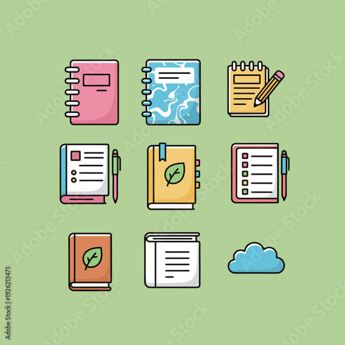 Collection of colorful notebook and journal icons with pens and bookmarks in flat design style for education office supplies and school stationery concept