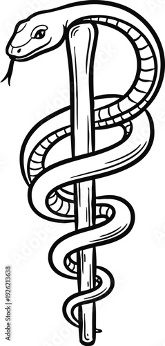 Hand drawn sketch of a medical caduceus snake and staff symbol line art vector illustration
