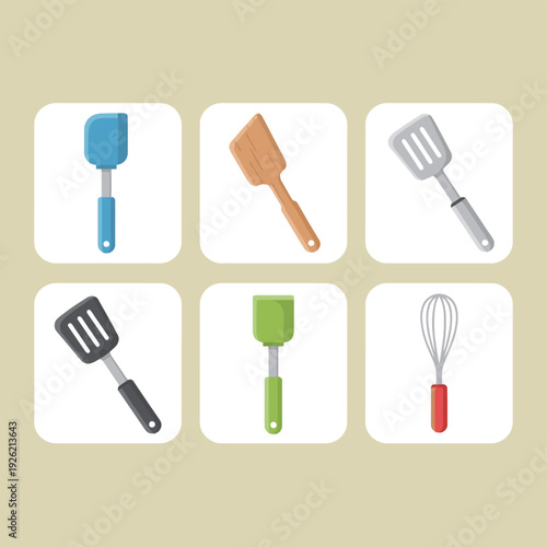 Professional kitchen utensils and baking tools collection including spatulas whisks and wooden turners for cooking culinary arts food preparation and restaurant equipment design elements