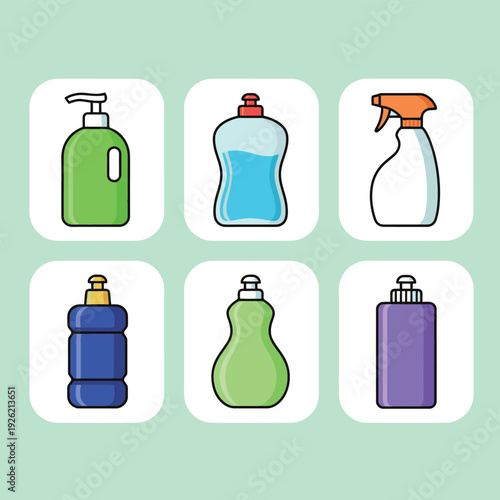 Various cleaning product bottles and detergent containers for household chores laundry dishwashing and hygiene maintenance supplies collection isolated on light green background