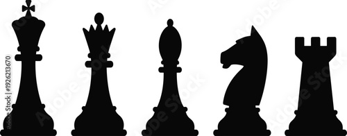 Set of black silhouettes featuring classic chess pieces, strategy game icons for competition, and intellectual challenge
