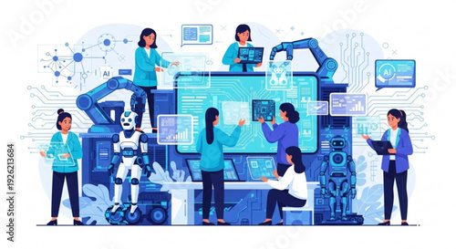 Diverse team of professionals collaborating with robots and technology in a futuristic workspace with digital interfaces and machinery