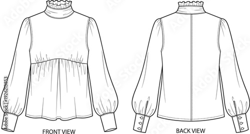 Women ruffle high neck blouse vector illustration, long puff sleeve fashion top front back view