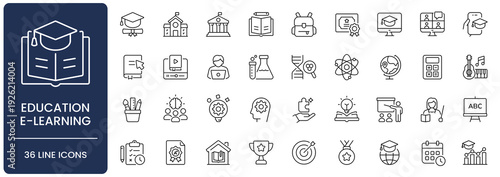 Education Line Icon Set. Collection of E-Learning, school, university, student, learning, study, online, knowledge, graduation, technology, book, Outline, Editable Stroke, Vector illustration.